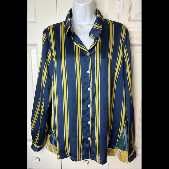 ALEMBIKA Satin Striped Blouse Tunic Top Shirt Emerald Green Blue Chartreuse - Picture 14 of 14